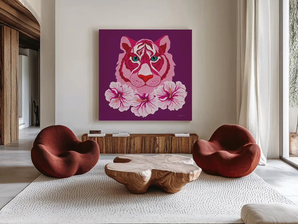 In the Jungle VI by Yvette St. Amant. Shown as extra-large giant wall art in a modern living room. Available as an archival giclee rolled canvas, fine art paper, or poster print. SKU 97339a.