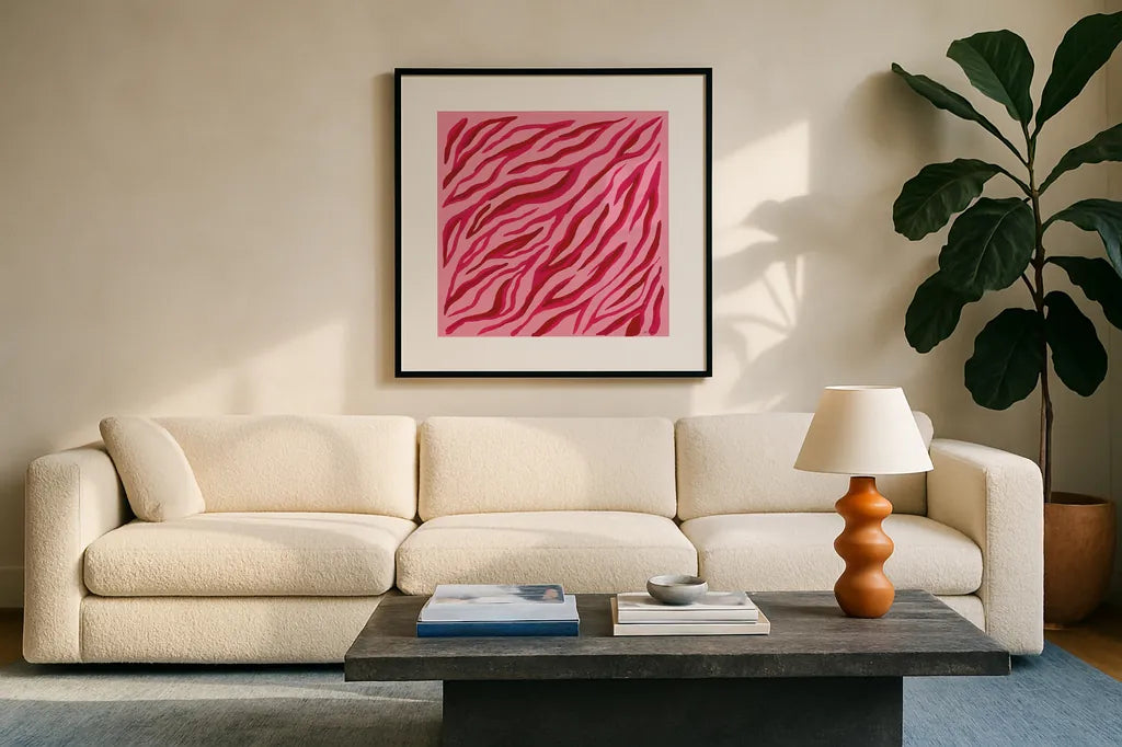 In the Jungle VIII by Yvette St. Amant. Displayed in a glass frame with matte in a clean modern living room. Available as an archival giclee rolled canvas, fine art paper, or poster print. SKU 97341a.