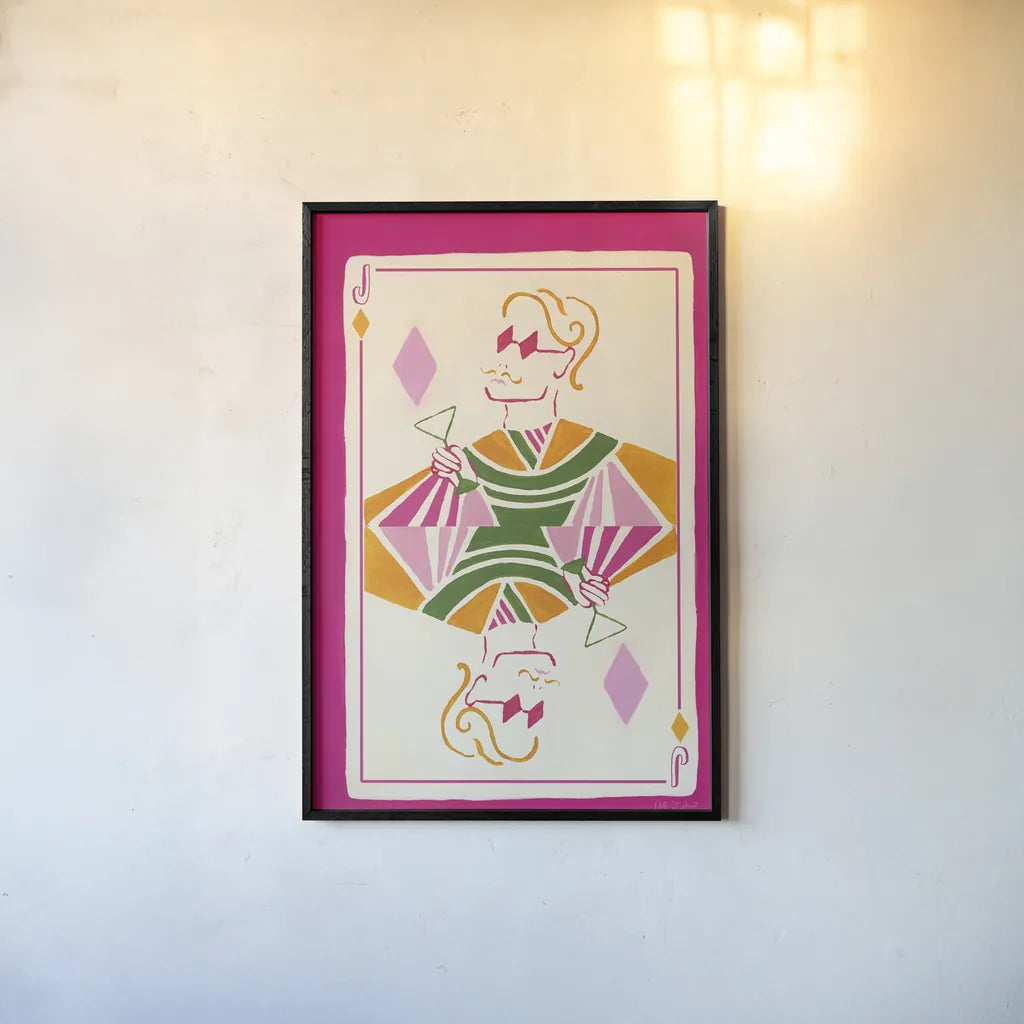 Jack of Diamonds by Yvette St. Amant. shown as a paper print in a black flame. Available as a archival giclee rolled canvas, fine art paper, or poster print. SKU 93250h.