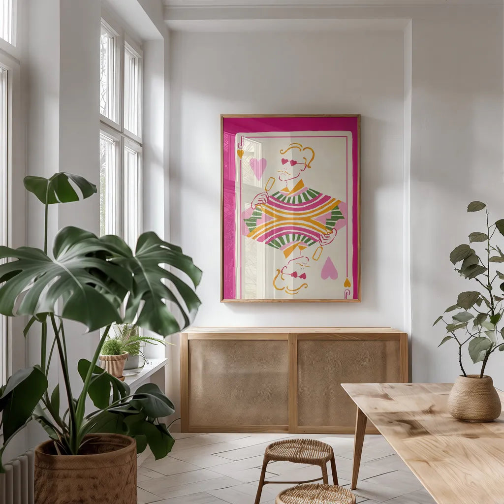 Jack of Hearts by Yvette St. Amant. shown as a print in a natural wood frame in a dining room. Available as a archival giclee rolled canvas, fine art paper, or poster print. SKU 93251h.