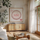 Keepsake Valentine IX by Yvette St. Amant. Shown in a natural wood frame in a cozy modern living room. Available as an archival giclee rolled canvas, fine art paper, or poster print. SKU 96765a.