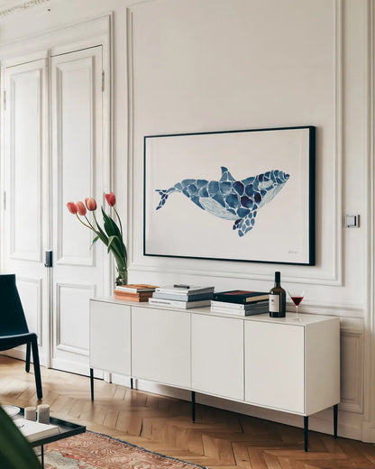 Killer Whale by Yvette St. Amant. shown as a framed stretched canvas in a living room above a console. Available as a archival giclee rolled canvas, fine art paper, or poster print. SKU 90115i.