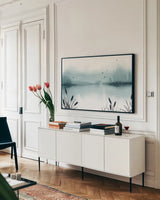 Lakeview by Yvette St. Amant. shown as a framed stretched canvas in a living room above a console. Available as a archival giclee rolled canvas, fine art paper, or poster print. SKU 101201i.