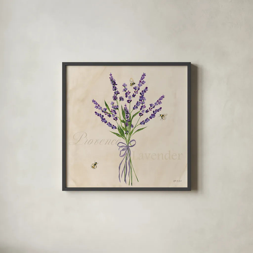 Lavender Bliss I by Yvette St. Amant. Shown in a sleek black glass frame for a contemporary gallery look. Available as an archival giclee rolled canvas, fine art paper, or poster print. SKU 97997a.