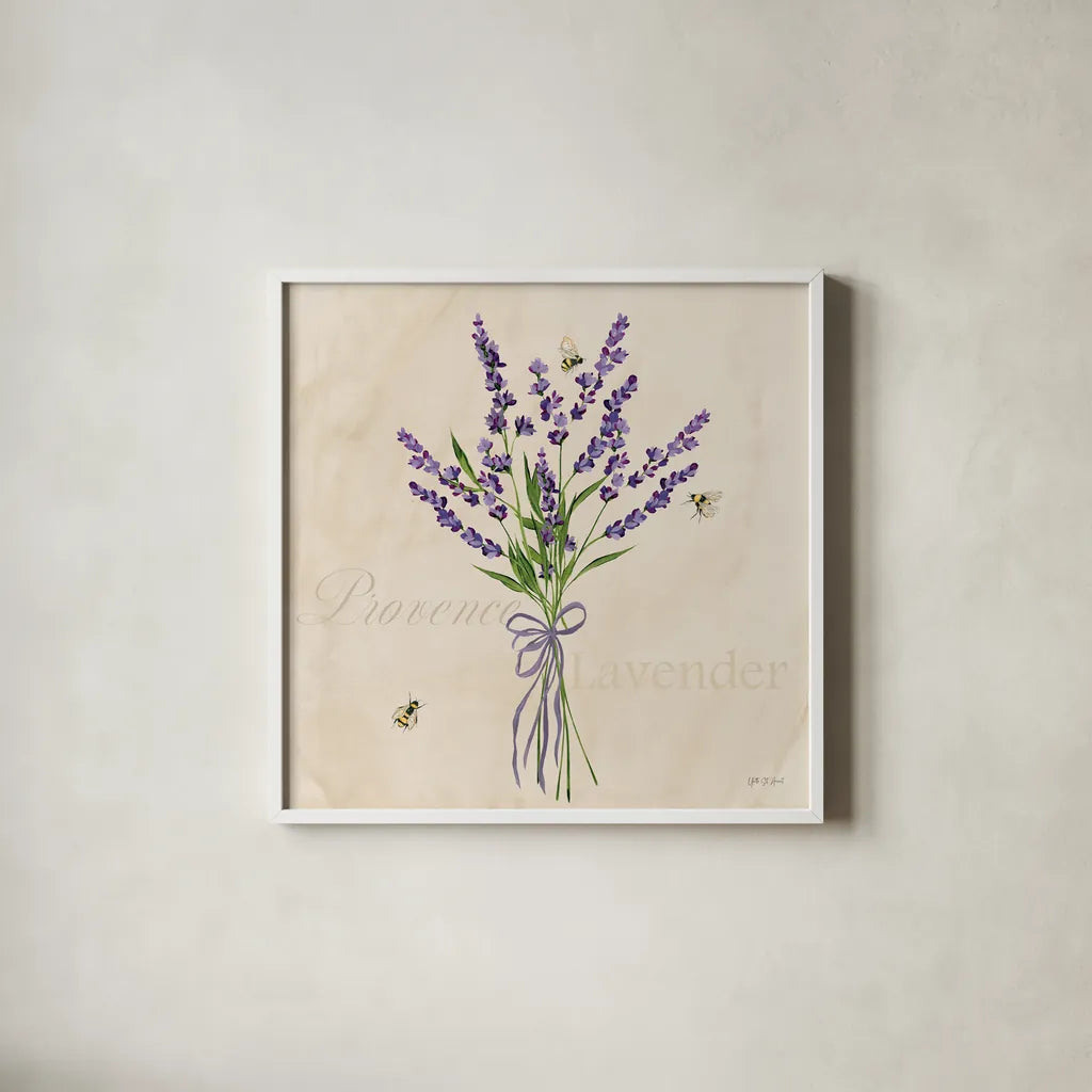 Lavender Bliss I by Yvette St. Amant. Shown in a crisp white glass frame for a clean and minimalist style. Available as an archival giclee rolled canvas, fine art paper, or poster print. SKU 97997a.