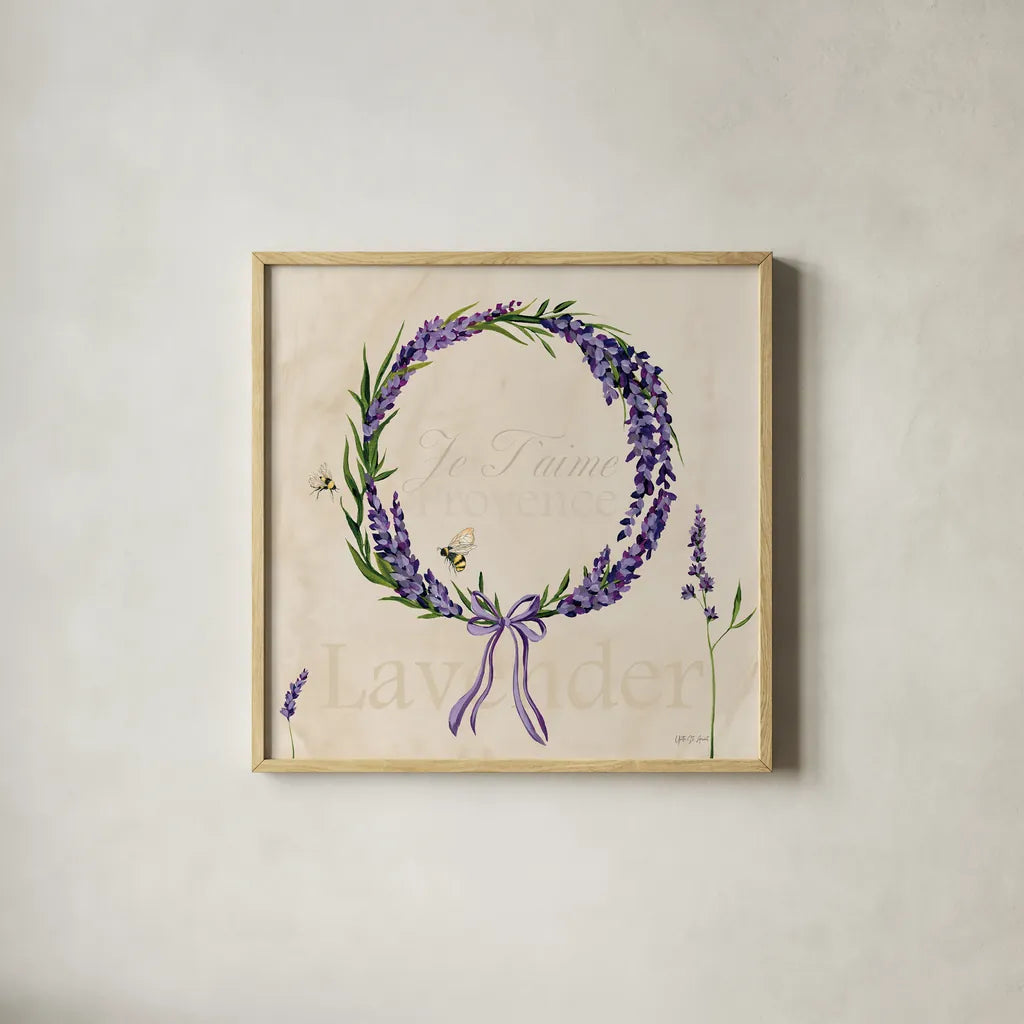 Lavender Bliss II by Yvette St. Amant. Shown in a natural wood glass frame for a timeless modern aesthetic. Available as an archival giclee rolled canvas, fine art paper, or poster print. SKU 97998a.