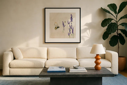 Lavender Bliss IV by Yvette St. Amant. Displayed in a glass frame with matte in a clean modern living room. Available as an archival giclee rolled canvas, fine art paper, or poster print. SKU 98000a.