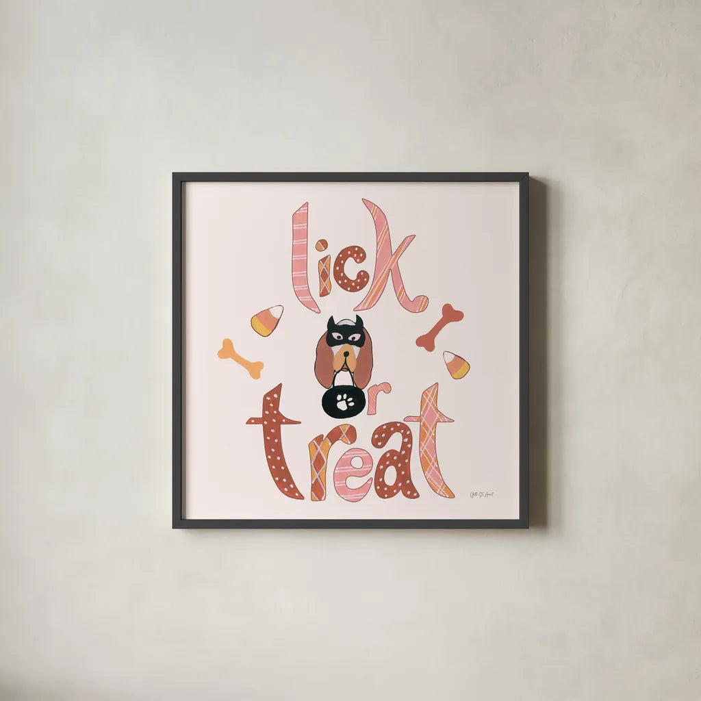 Lick or Treat II by Yvette St. Amant. Shown in a sleek black glass frame for a contemporary gallery look. Available as an archival giclee rolled canvas, fine art paper, or poster print. SKU 94661a.