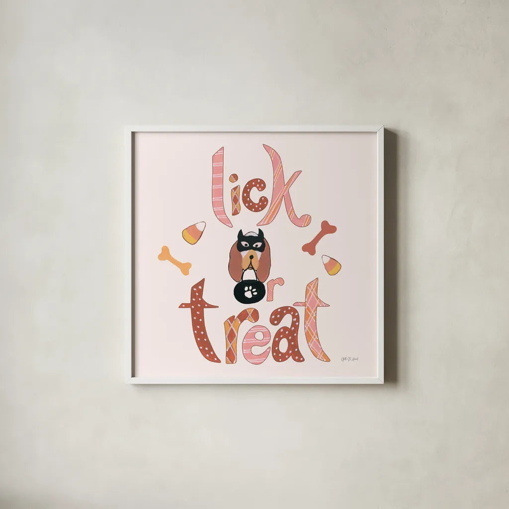 Lick or Treat II by Yvette St. Amant. Shown in a crisp white glass frame for a clean and minimalist style. Available as an archival giclee rolled canvas, fine art paper, or poster print. SKU 94661a.