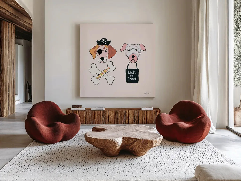 Lick or Treat VII by Yvette St. Amant. Shown as extra-large giant wall art in a modern living room. Available as an archival giclee rolled canvas, fine art paper, or poster print. SKU 94666a.