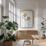 Line Flower IV by Yvette St. Amant. shown as a print in a natural wood frame in a dining room. Available as a archival giclee rolled canvas, fine art paper, or poster print. SKU 99135h.