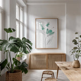 Line Flower V by Yvette St. Amant. shown as a print in a natural wood frame in a dining room. Available as a archival giclee rolled canvas, fine art paper, or poster print. SKU 99136h.