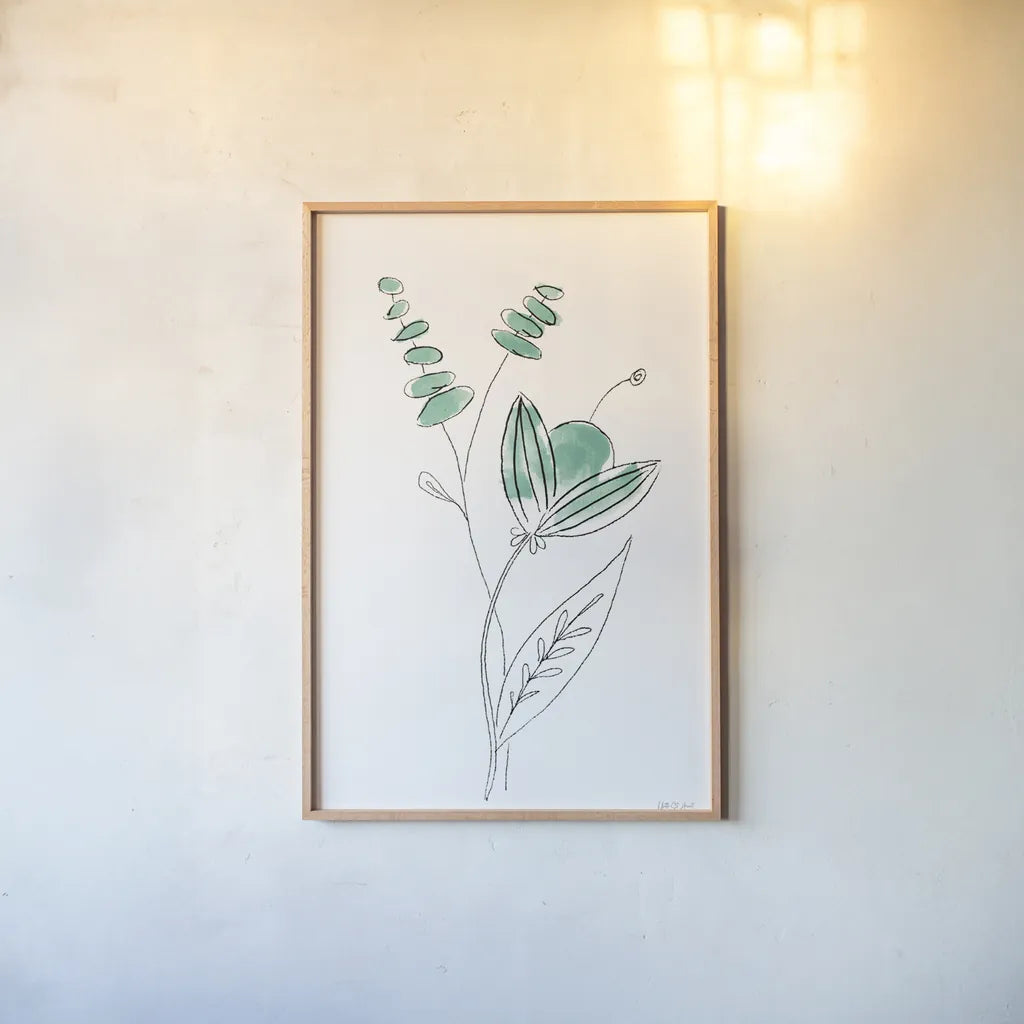 Line Flower V by Yvette St. Amant. shown as a paper print in a natural frame. Available as a archival giclee rolled canvas, fine art paper, or poster print. SKU 99136h.