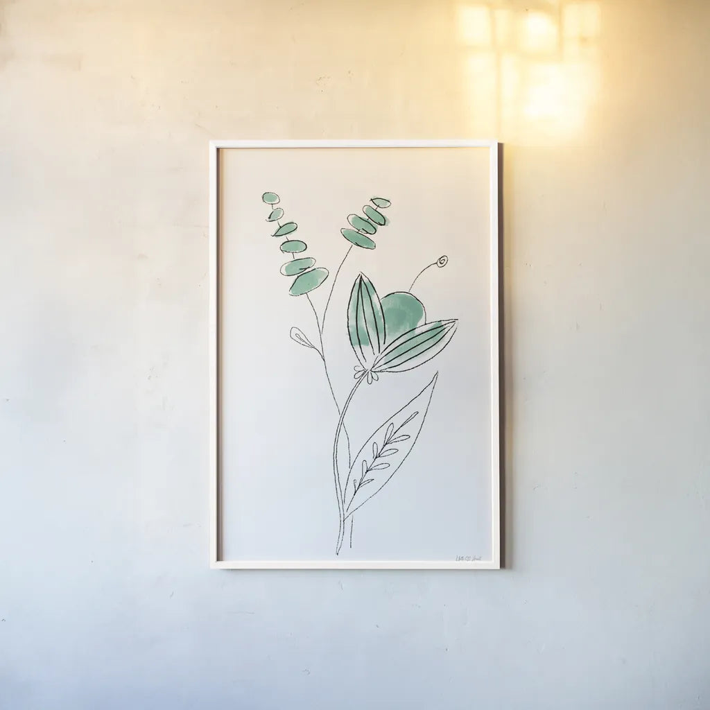 Line Flower V by Yvette St. Amant. shown as a paper print in a white frame. Available as a archival giclee rolled canvas, fine art paper, or poster print. SKU 99136h.