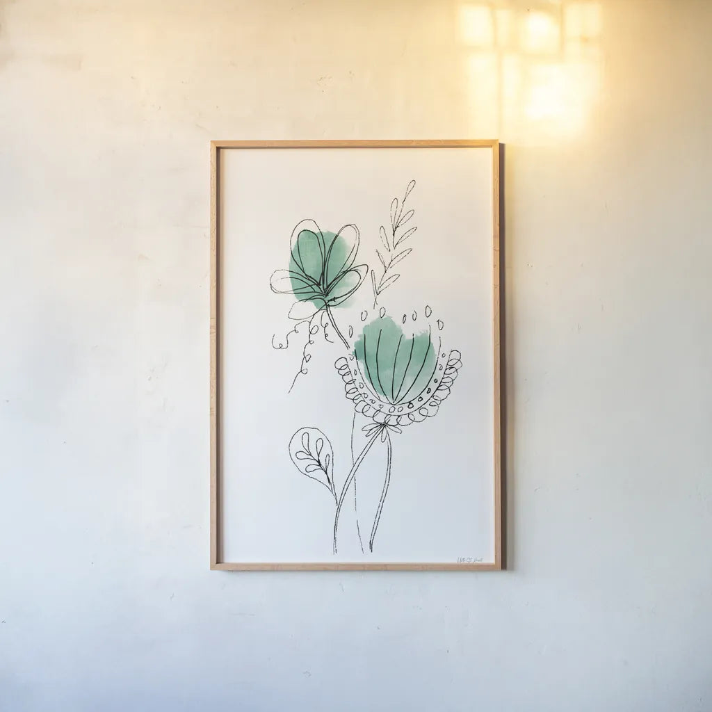 Line Flower VI by Yvette St. Amant. shown as a paper print in a natural frame. Available as a archival giclee rolled canvas, fine art paper, or poster print. SKU 99137h.