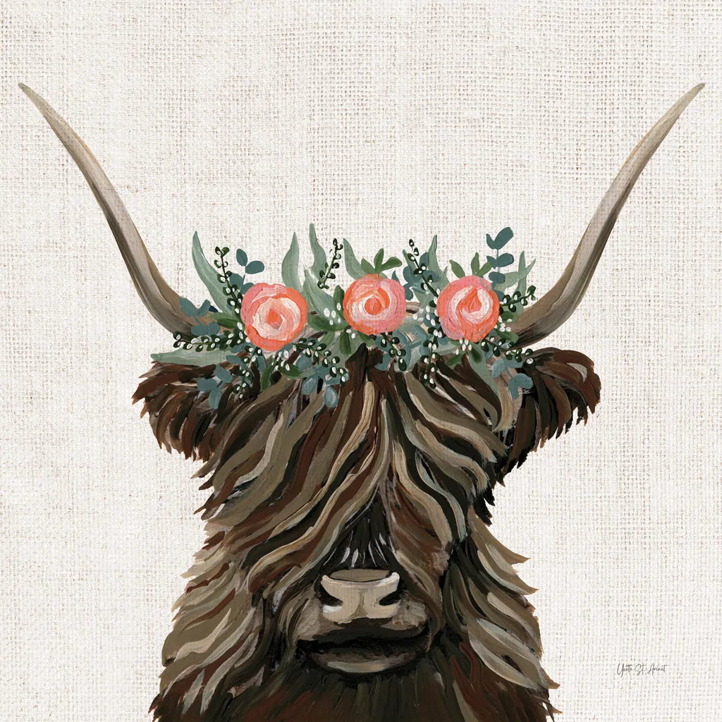 Longhorn with Rose Crown Linen Sq by Yvette St. Amant. SKU 90048a. Archival Giclee Fine art print for wall decor.