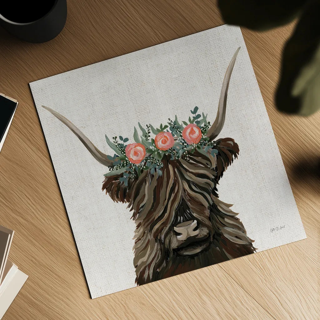 Longhorn with Rose Crown Linen Sq by Yvette St. Amant. Shown as a detailed flat fine art print, highlighting archival giclee quality. Available as an archival giclee rolled canvas, fine art paper, or poster print. SKU 90048a.