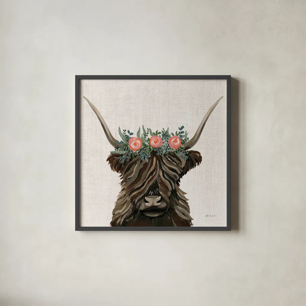 Longhorn with Rose Crown Linen Sq by Yvette St. Amant. Shown in a sleek black glass frame for a contemporary gallery look. Available as an archival giclee rolled canvas, fine art paper, or poster print. SKU 90048a.