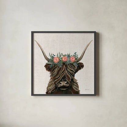 Longhorn with Rose Crown Linen Sq by Yvette St. Amant. Shown in a sleek black glass frame for a contemporary gallery look. Available as an archival giclee rolled canvas, fine art paper, or poster print. SKU 90048a.