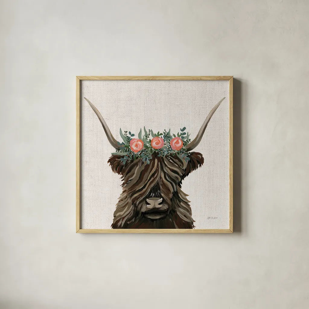 Longhorn with Rose Crown Linen Sq by Yvette St. Amant. Shown in a natural wood glass frame for a timeless modern aesthetic. Available as an archival giclee rolled canvas, fine art paper, or poster print. SKU 90048a.