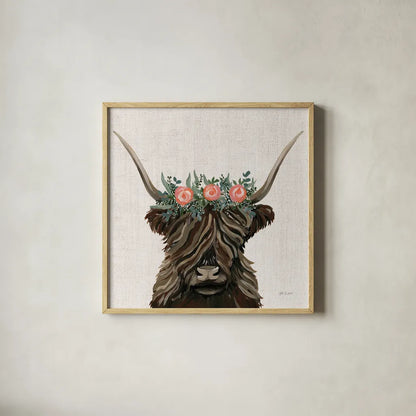 Longhorn with Rose Crown Linen Sq by Yvette St. Amant. Shown in a natural wood glass frame for a timeless modern aesthetic. Available as an archival giclee rolled canvas, fine art paper, or poster print. SKU 90048a.
