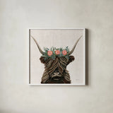 Longhorn with Rose Crown Linen Sq by Yvette St. Amant. Shown in a crisp white glass frame for a clean and minimalist style. Available as an archival giclee rolled canvas, fine art paper, or poster print. SKU 90048a.