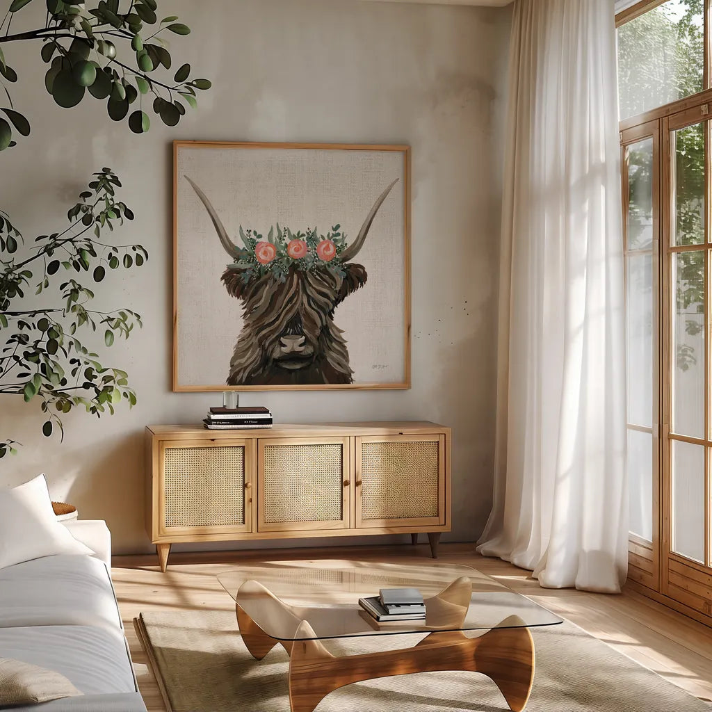 Longhorn with Rose Crown Linen Sq by Yvette St. Amant. Shown in a natural wood frame in a cozy modern living room. Available as an archival giclee rolled canvas, fine art paper, or poster print. SKU 90048a.