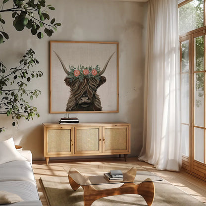 Longhorn with Rose Crown Linen Sq by Yvette St. Amant. Shown in a natural wood frame in a cozy modern living room. Available as an archival giclee rolled canvas, fine art paper, or poster print. SKU 90048a.