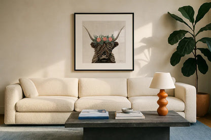 Longhorn with Rose Crown Linen Sq by Yvette St. Amant. Displayed in a glass frame with matte in a clean modern living room. Available as an archival giclee rolled canvas, fine art paper, or poster print. SKU 90048a.