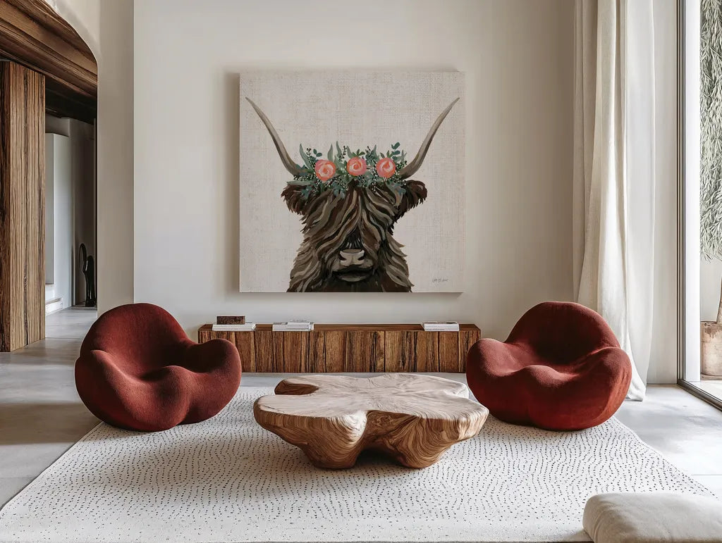 Longhorn with Rose Crown Linen Sq by Yvette St. Amant. Shown as extra-large giant wall art in a modern living room. Available as an archival giclee rolled canvas, fine art paper, or poster print. SKU 90048a.