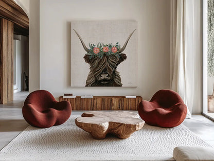 Longhorn with Rose Crown Linen Sq by Yvette St. Amant. Shown as extra-large giant wall art in a modern living room. Available as an archival giclee rolled canvas, fine art paper, or poster print. SKU 90048a.