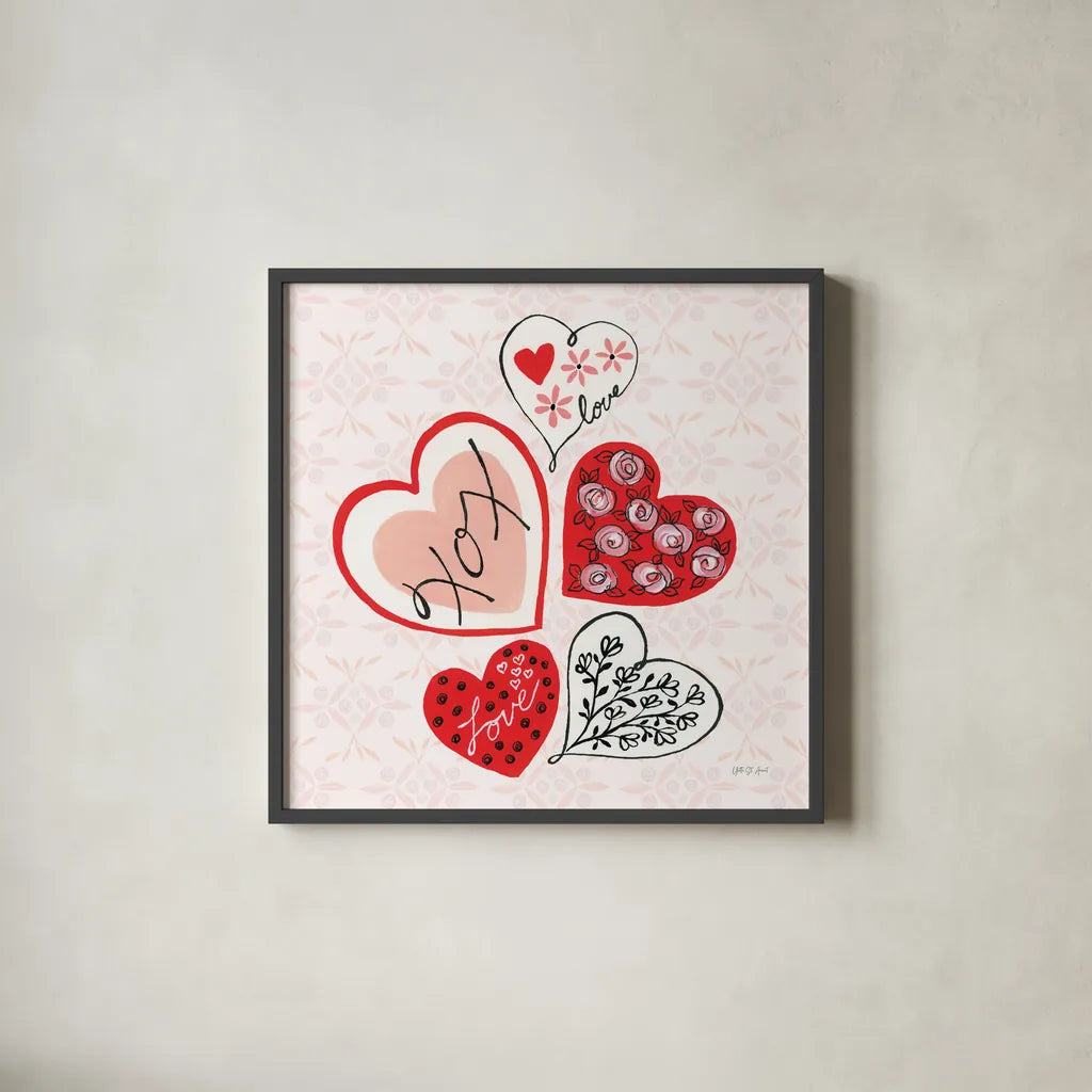 Love Hearts by Yvette St. Amant. Shown in a sleek black glass frame for a contemporary gallery look. Available as an archival giclee rolled canvas, fine art paper, or poster print. SKU 94017a.