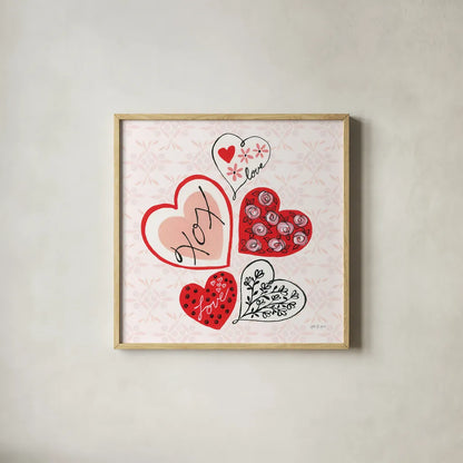 Love Hearts by Yvette St. Amant. Shown in a natural wood glass frame for a timeless modern aesthetic. Available as an archival giclee rolled canvas, fine art paper, or poster print. SKU 94017a.