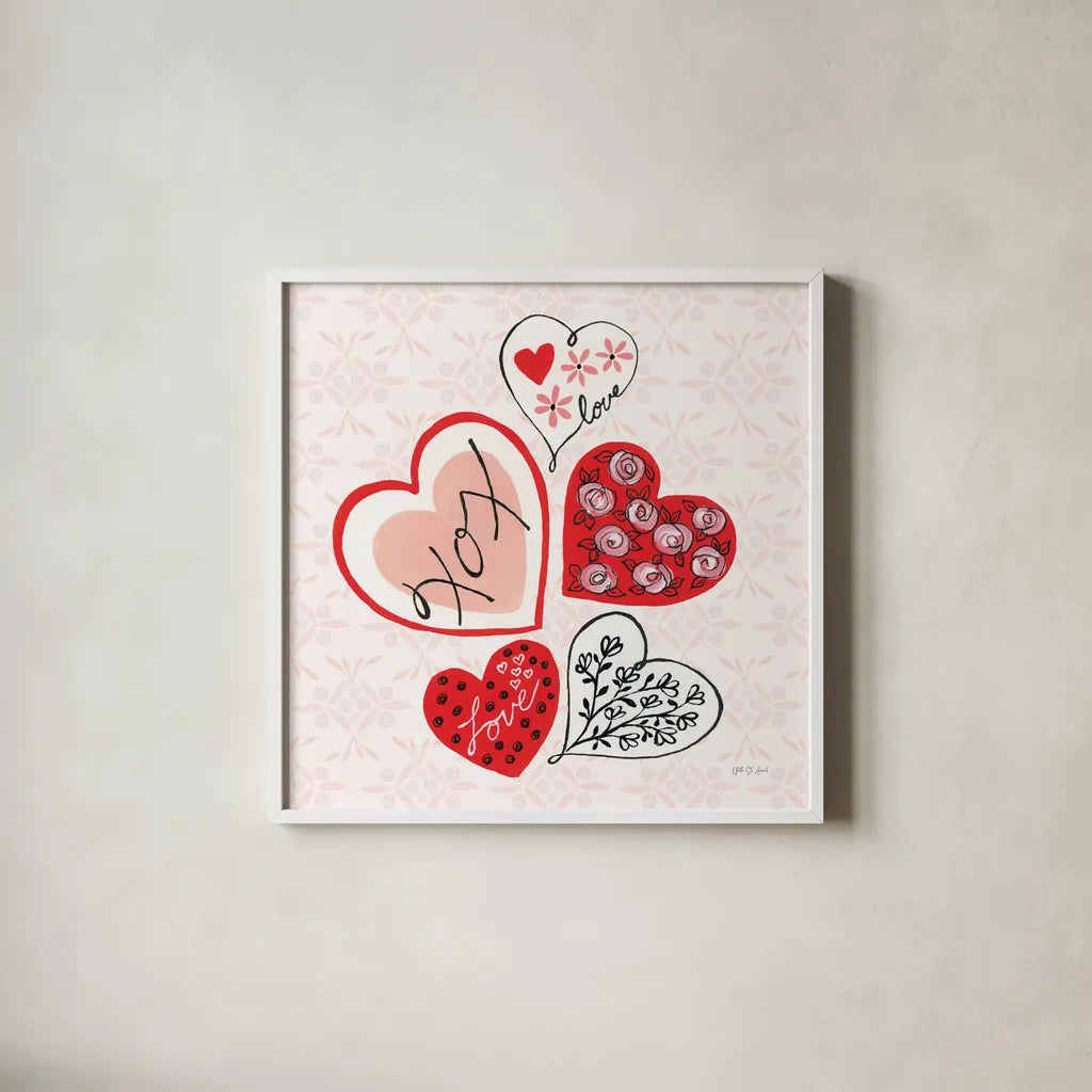 Love Hearts by Yvette St. Amant. Shown in a crisp white glass frame for a clean and minimalist style. Available as an archival giclee rolled canvas, fine art paper, or poster print. SKU 94017a.