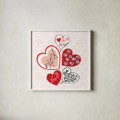 Love Hearts by Yvette St. Amant. Shown in a crisp white glass frame for a clean and minimalist style. Available as an archival giclee rolled canvas, fine art paper, or poster print. SKU 94017a.