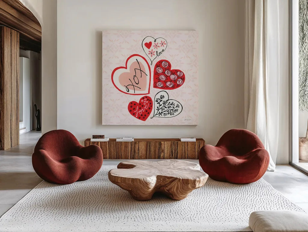 Love Hearts by Yvette St. Amant. Shown as extra-large giant wall art in a modern living room. Available as an archival giclee rolled canvas, fine art paper, or poster print. SKU 94017a.