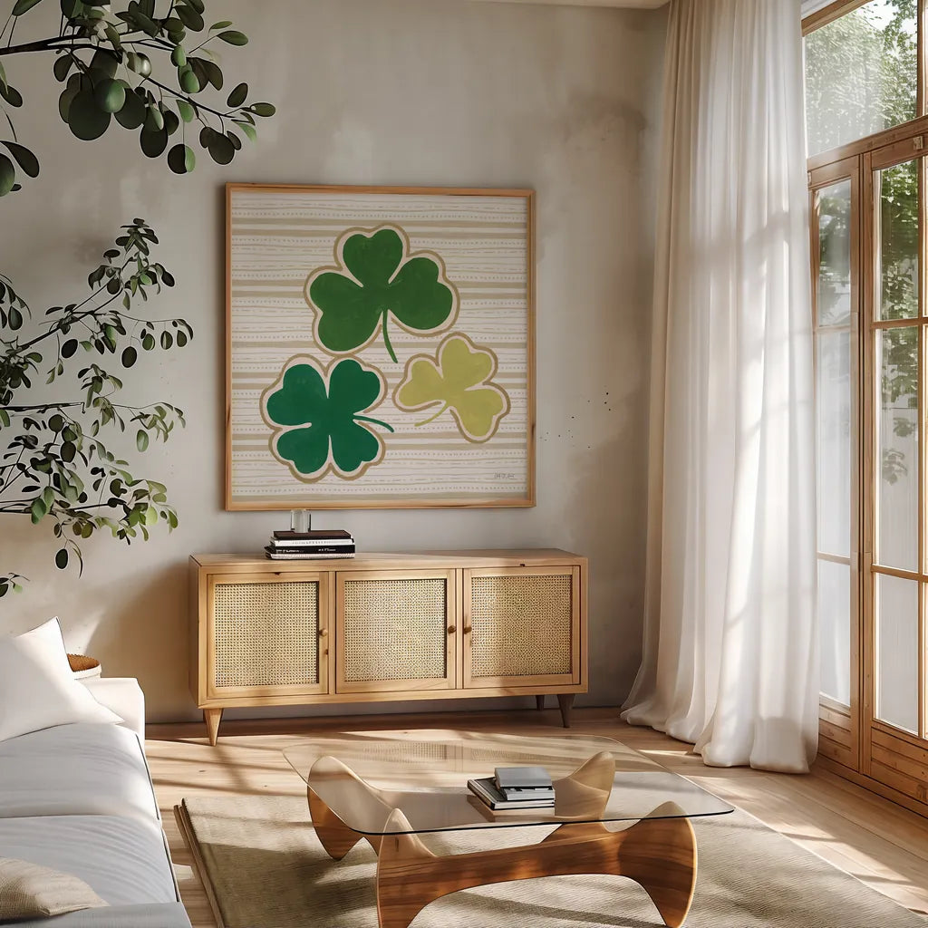 Lucky Charm IV by Yvette St. Amant. Shown in a natural wood frame in a cozy modern living room. Available as an archival giclee rolled canvas, fine art paper, or poster print. SKU 100560a.