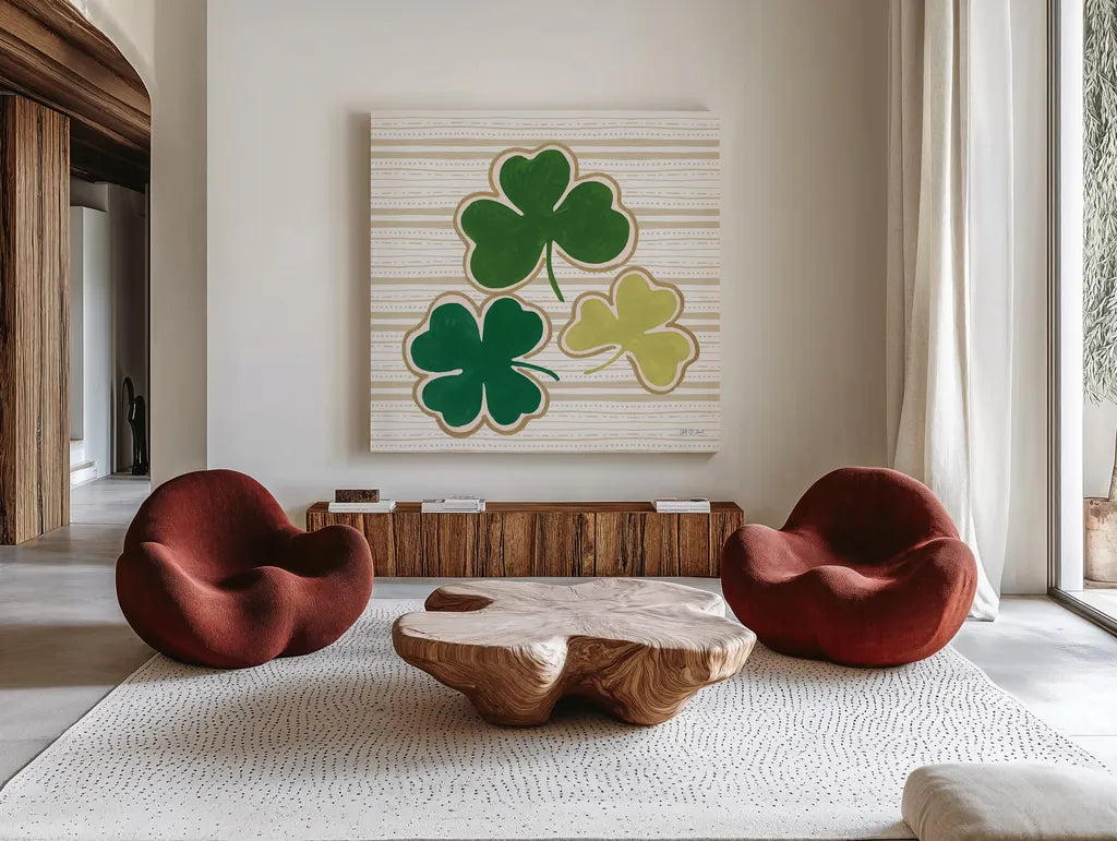 Lucky Charm IV by Yvette St. Amant. Shown as extra-large giant wall art in a modern living room. Available as an archival giclee rolled canvas, fine art paper, or poster print. SKU 100560a.
