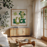 Lucky Charm IX by Yvette St. Amant. Shown in a natural wood frame in a cozy modern living room. Available as an archival giclee rolled canvas, fine art paper, or poster print. SKU 100565a.