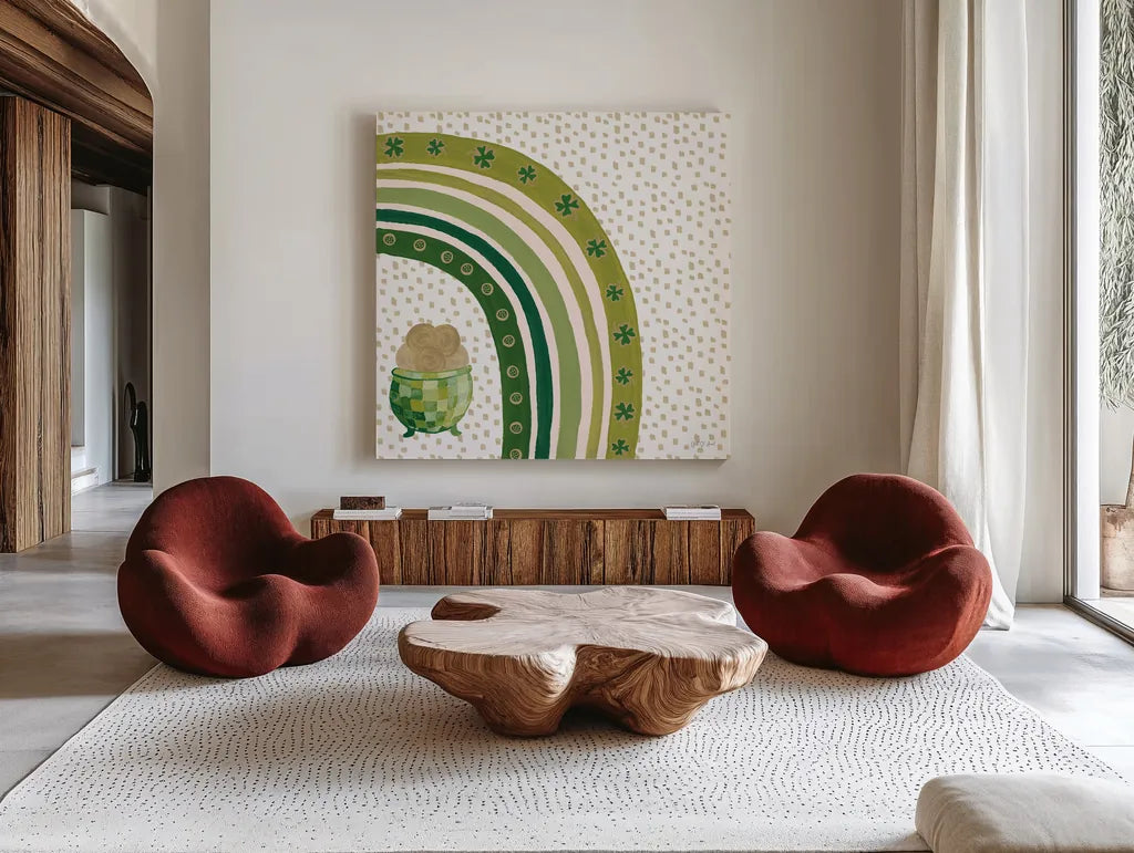 Lucky Charm VIII by Yvette St. Amant. Shown as extra-large giant wall art in a modern living room. Available as an archival giclee rolled canvas, fine art paper, or poster print. SKU 100564a.