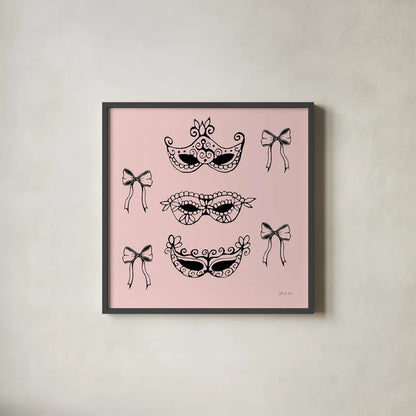 Masquerade Masks by Yvette St. Amant. Shown in a sleek black glass frame for a contemporary gallery look. Available as an archival giclee rolled canvas, fine art paper, or poster print. SKU 93973a.
