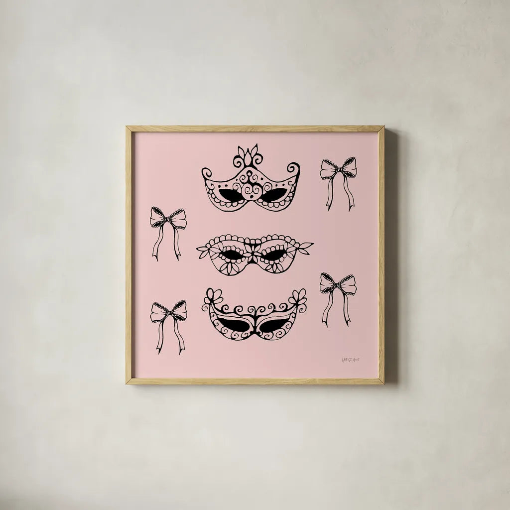 Masquerade Masks by Yvette St. Amant. Shown in a natural wood glass frame for a timeless modern aesthetic. Available as an archival giclee rolled canvas, fine art paper, or poster print. SKU 93973a.