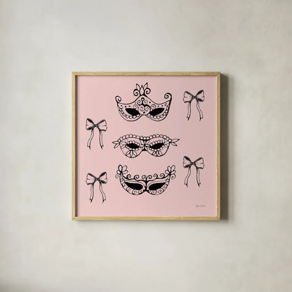 Masquerade Masks by Yvette St. Amant. Shown in a natural wood glass frame for a timeless modern aesthetic. Available as an archival giclee rolled canvas, fine art paper, or poster print. SKU 93973a.