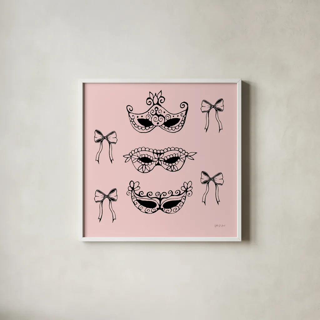 Masquerade Masks by Yvette St. Amant. Shown in a crisp white glass frame for a clean and minimalist style. Available as an archival giclee rolled canvas, fine art paper, or poster print. SKU 93973a.