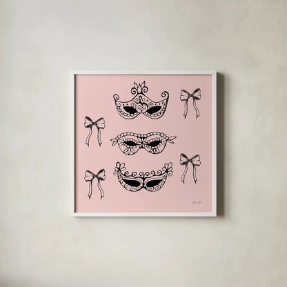 Masquerade Masks by Yvette St. Amant. Shown in a crisp white glass frame for a clean and minimalist style. Available as an archival giclee rolled canvas, fine art paper, or poster print. SKU 93973a.