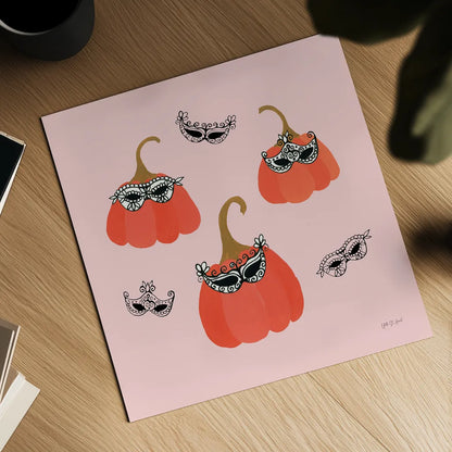 Masquerade Pumpkins by Yvette St. Amant. Shown as a detailed flat fine art print, highlighting archival giclee quality. Available as an archival giclee rolled canvas, fine art paper, or poster print. SKU 93974a.