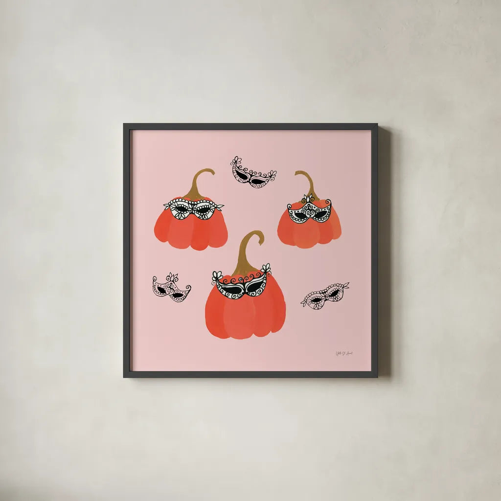 Masquerade Pumpkins by Yvette St. Amant. Shown in a sleek black glass frame for a contemporary gallery look. Available as an archival giclee rolled canvas, fine art paper, or poster print. SKU 93974a.