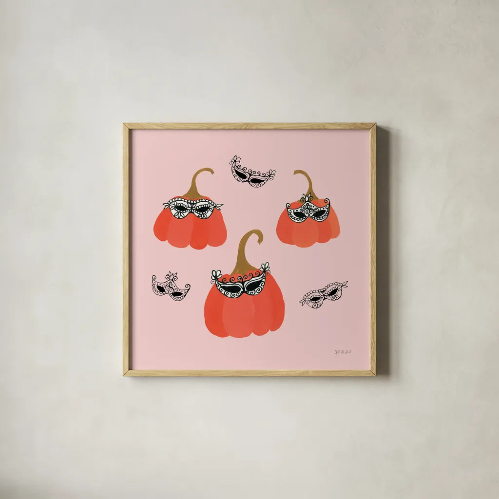 Masquerade Pumpkins by Yvette St. Amant. Shown in a natural wood glass frame for a timeless modern aesthetic. Available as an archival giclee rolled canvas, fine art paper, or poster print. SKU 93974a.