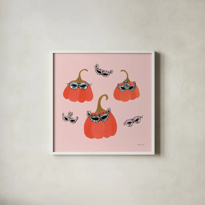 Masquerade Pumpkins by Yvette St. Amant. Shown in a crisp white glass frame for a clean and minimalist style. Available as an archival giclee rolled canvas, fine art paper, or poster print. SKU 93974a.
