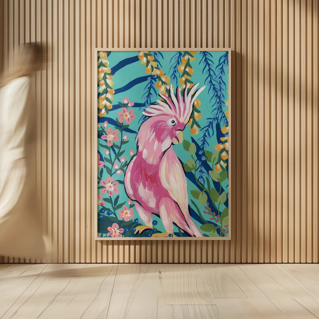 Maximalist Cockatoo by Yvette St. Amant. shown as over sized large wall art. Available as an archival giclee rolled canvas, fine art paper, or poster print. SKU 90751h.